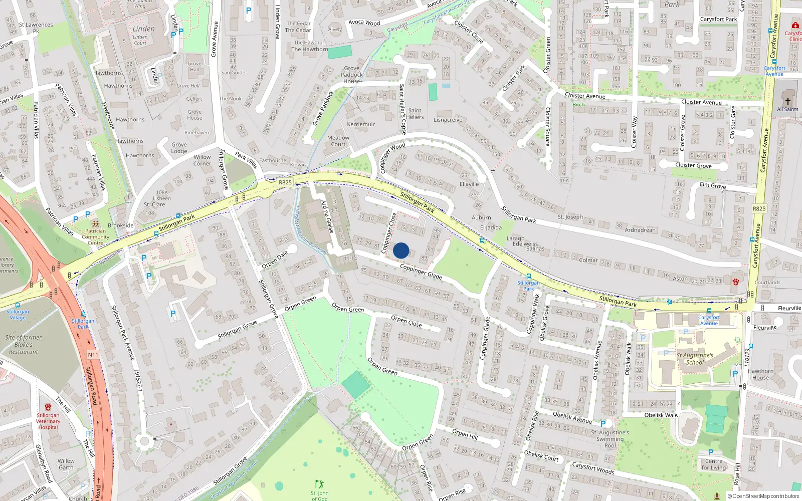 Overhead map showing the location of 85 Coppinger Glade, Stillorgan, Co Dublin