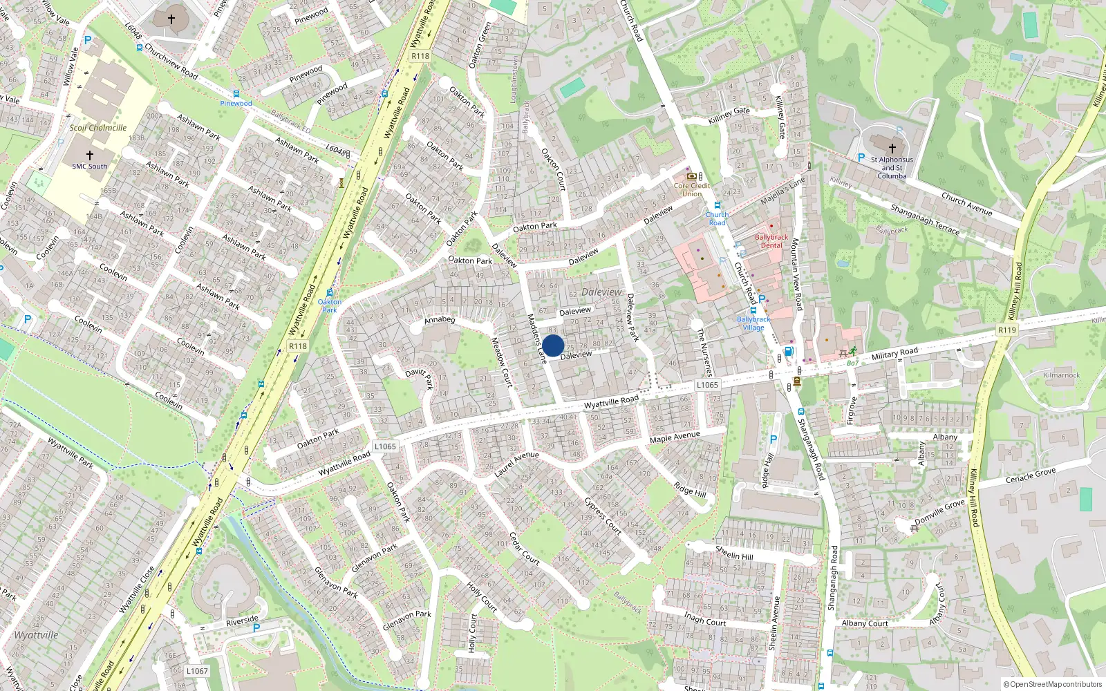 Overhead map showing the location of 85 Dale View Park, Ballybrack, Dublin