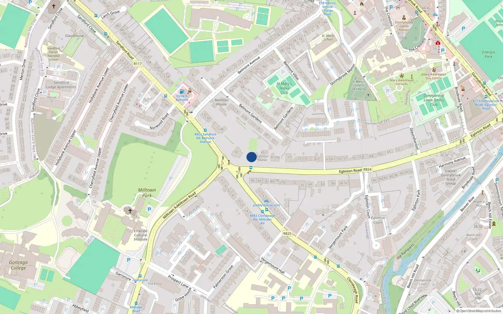 Overhead map showing the location of 85 Eglinton Road, Donnybrook
