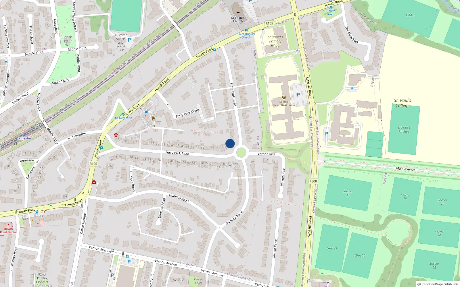 Overhead map showing the location of 85 Furry Park Road, Dublin 5