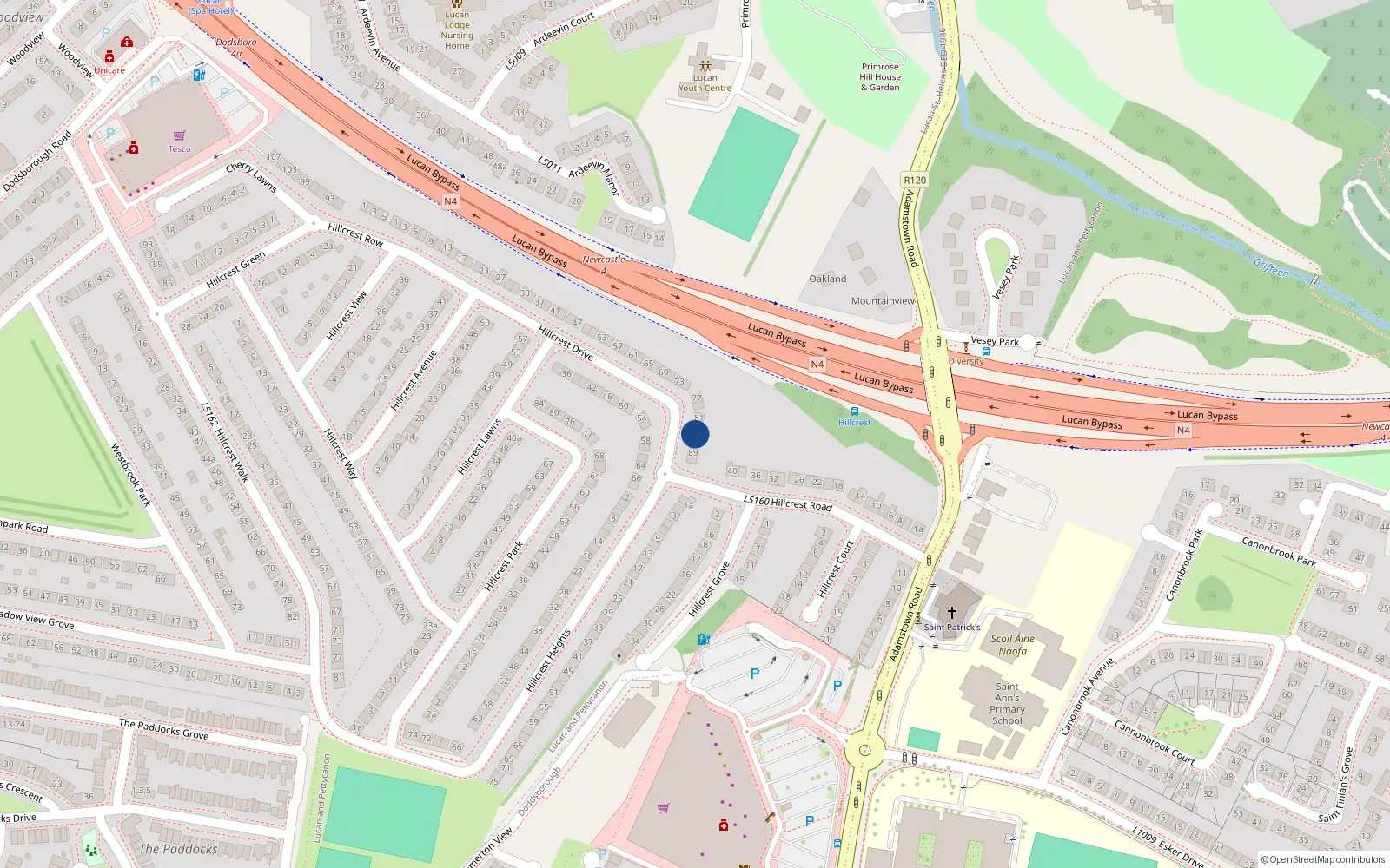 Overhead map showing the location of 85 Hillcrest Drive, Esker, Lucan