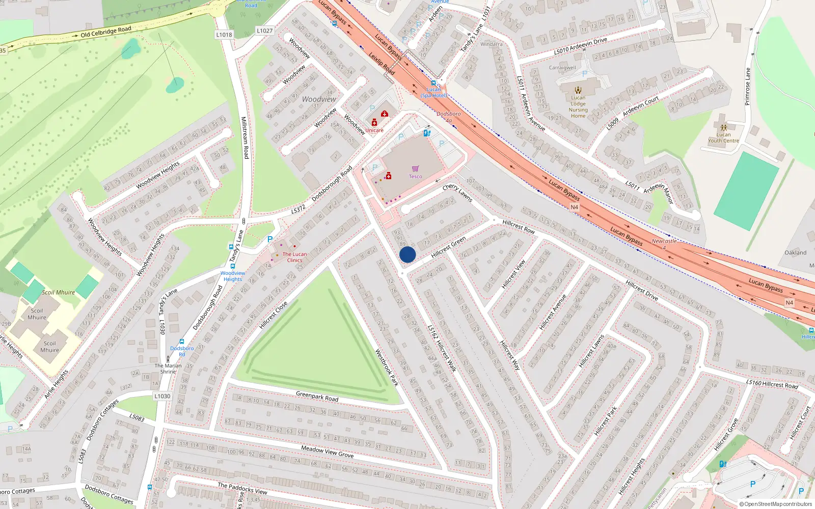 Overhead map showing the location of 85 Hillcrest Walk, Lucan