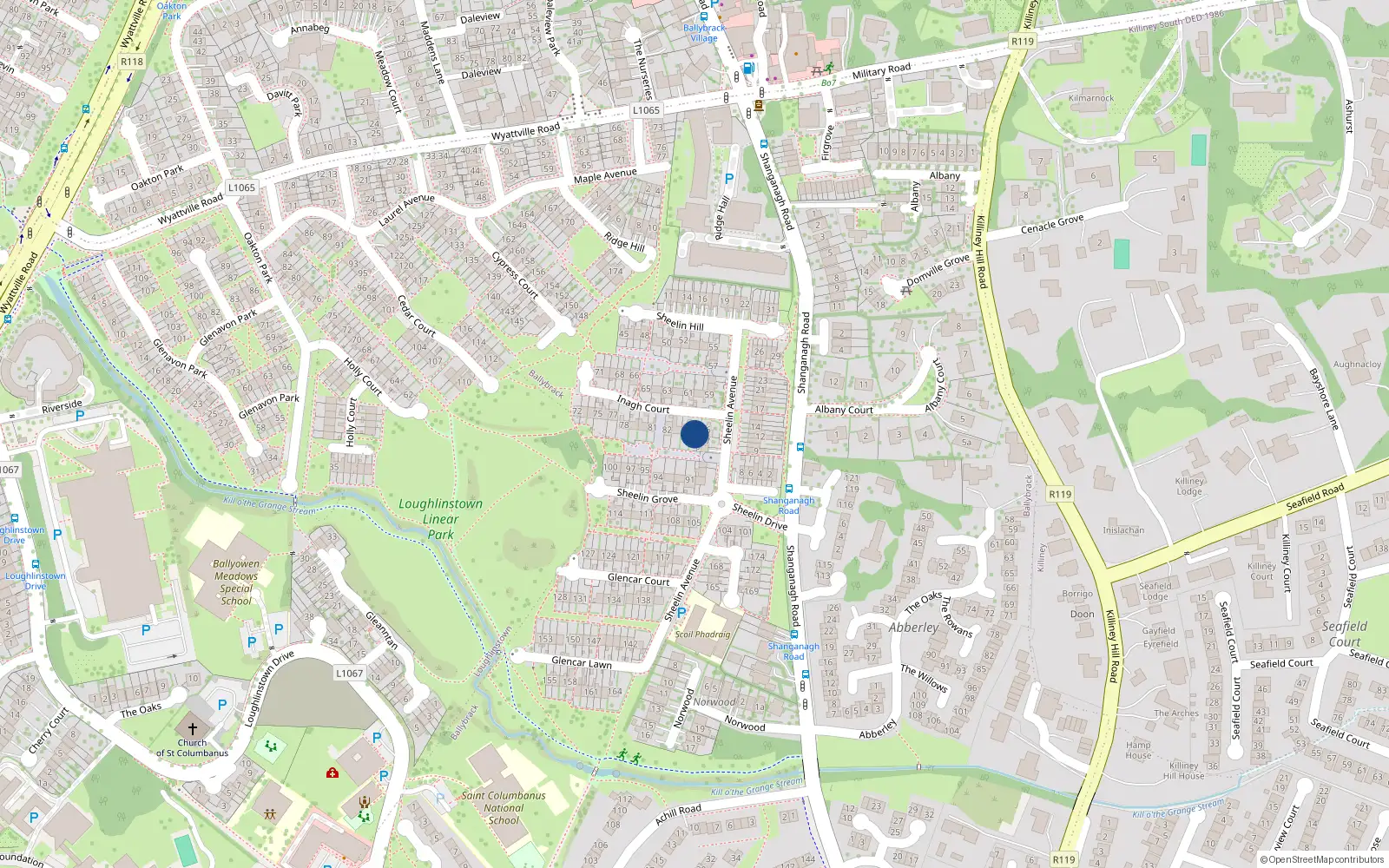Overhead map showing the location of 85 Inagh Court, Loughlinstown, Dun Laoghaire