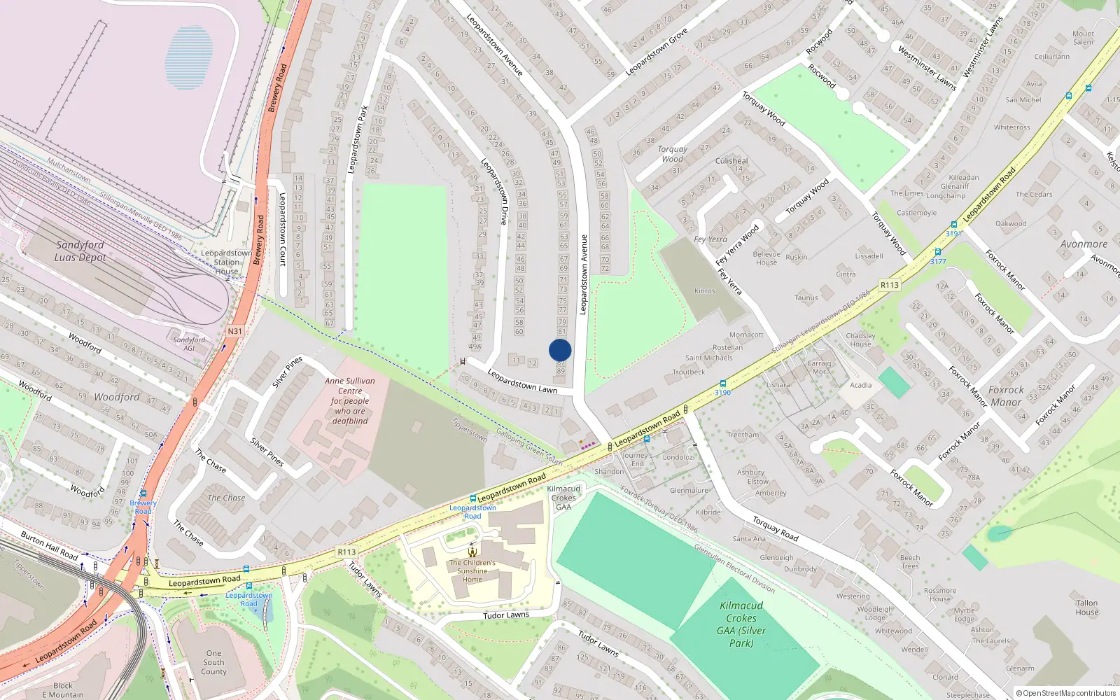 Overhead map showing the location of 85 Leopardstown Avenue, Blackrock, Dublin