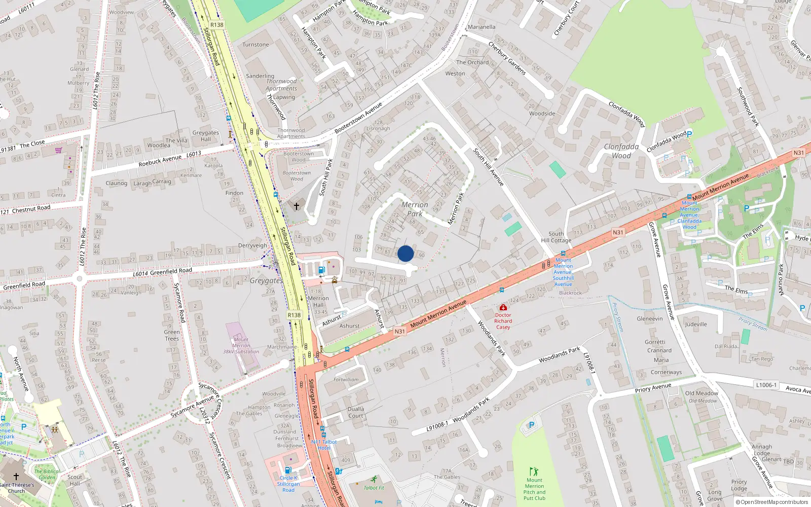 Overhead map showing the location of 85 Merrion Park, Blackrock