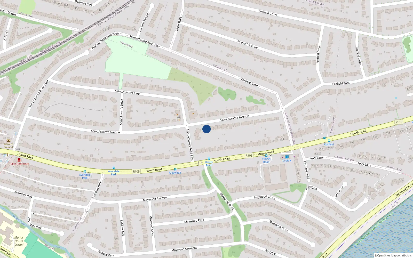 Overhead map showing the location of 85 St Assams Avenue, Raheny, Dublin 5
