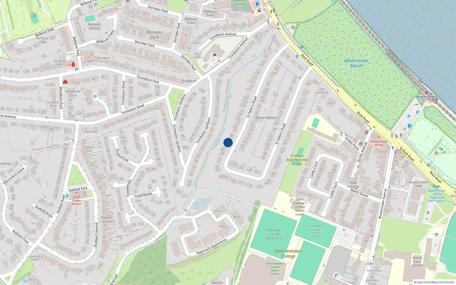 Overhead map showing the location of 85 St Helen's Road, Booterstown