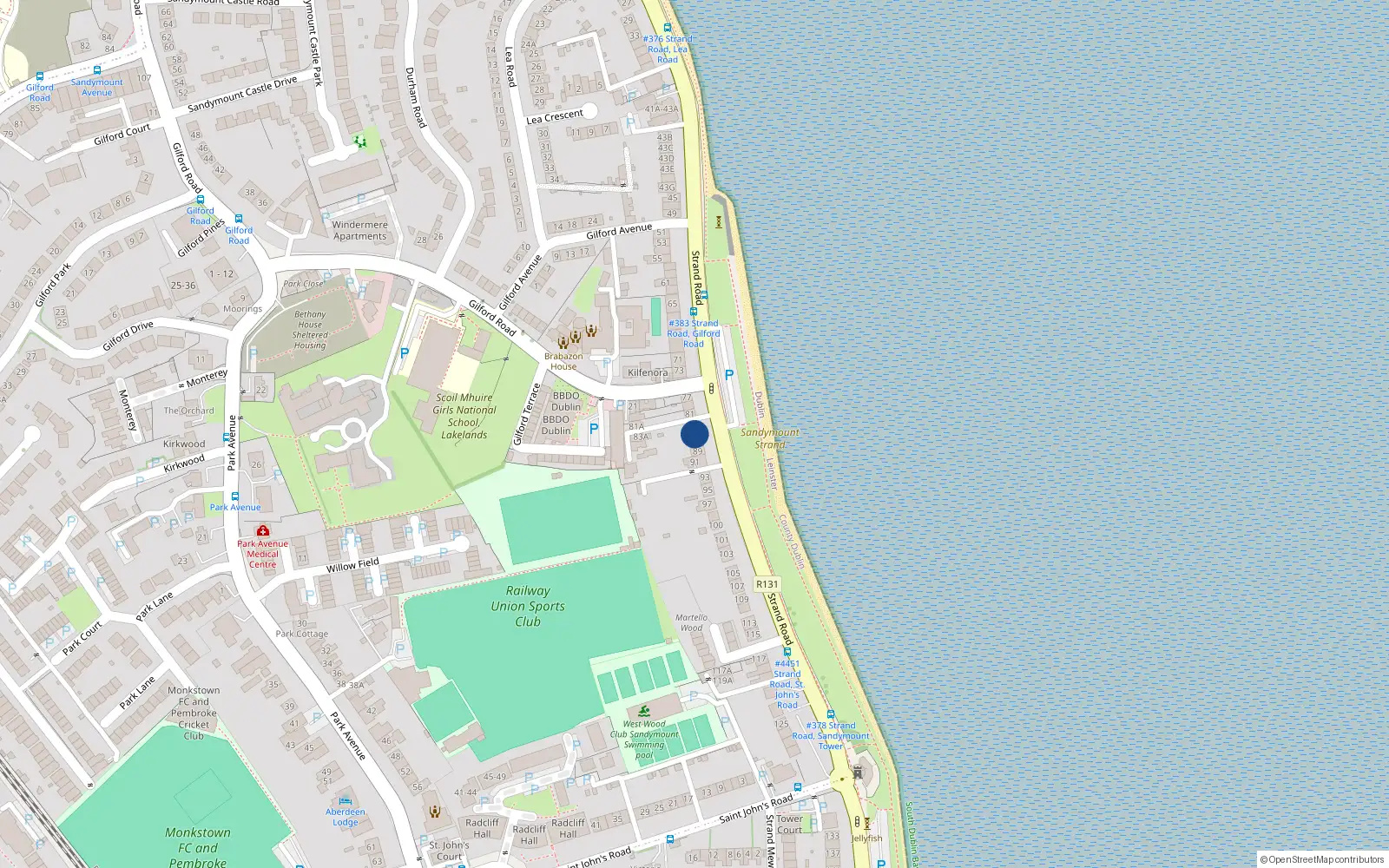 Overhead map showing the location of 85 Strand Road, Sandymount