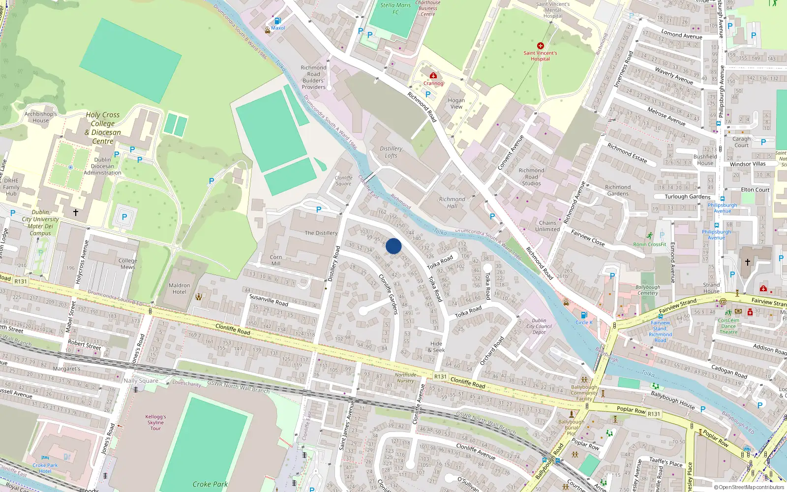 Overhead map showing the location of 85 Tolka Road, Dublin 3