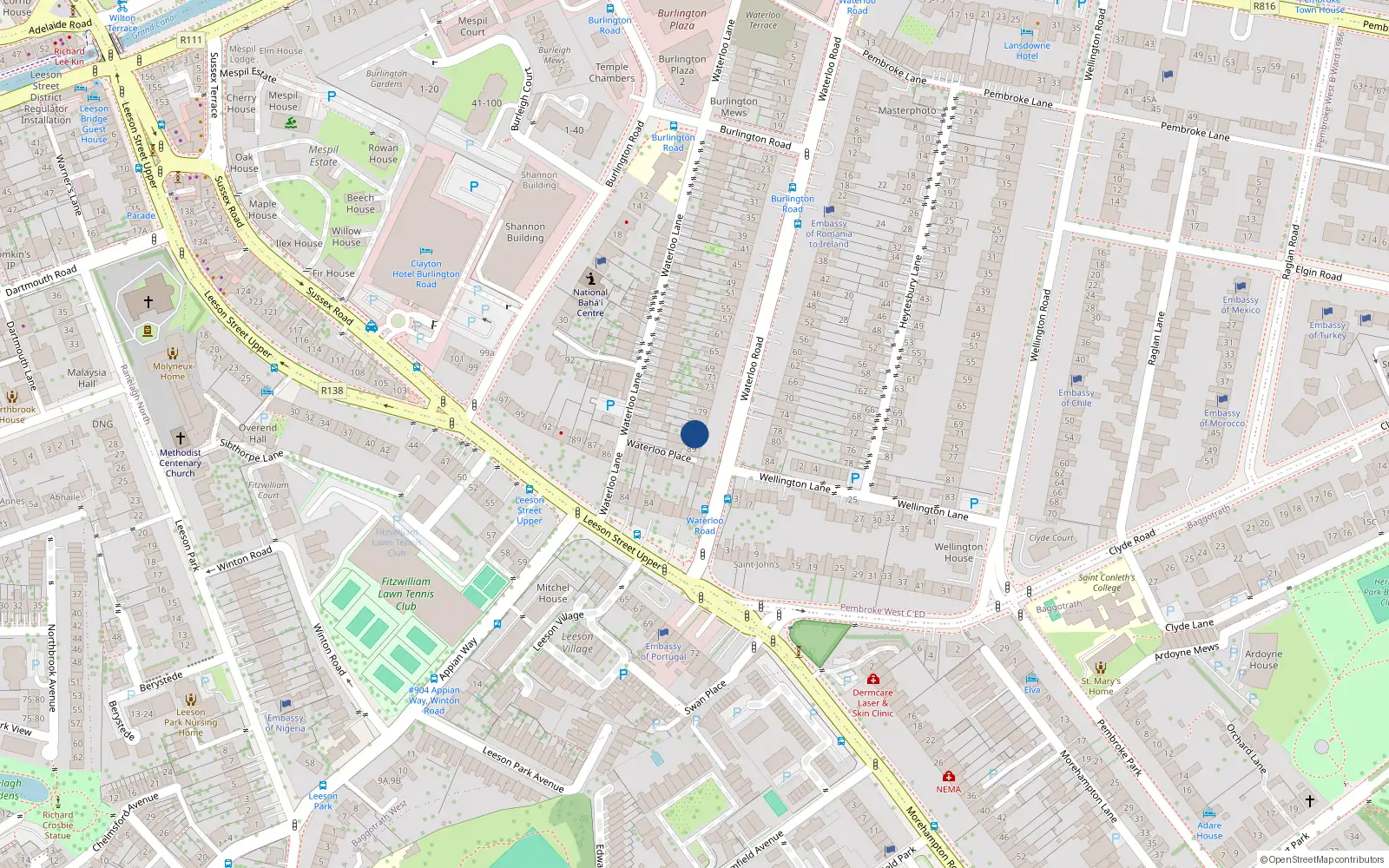 Overhead map showing the location of 85 Waterloo Road, Dublin 4