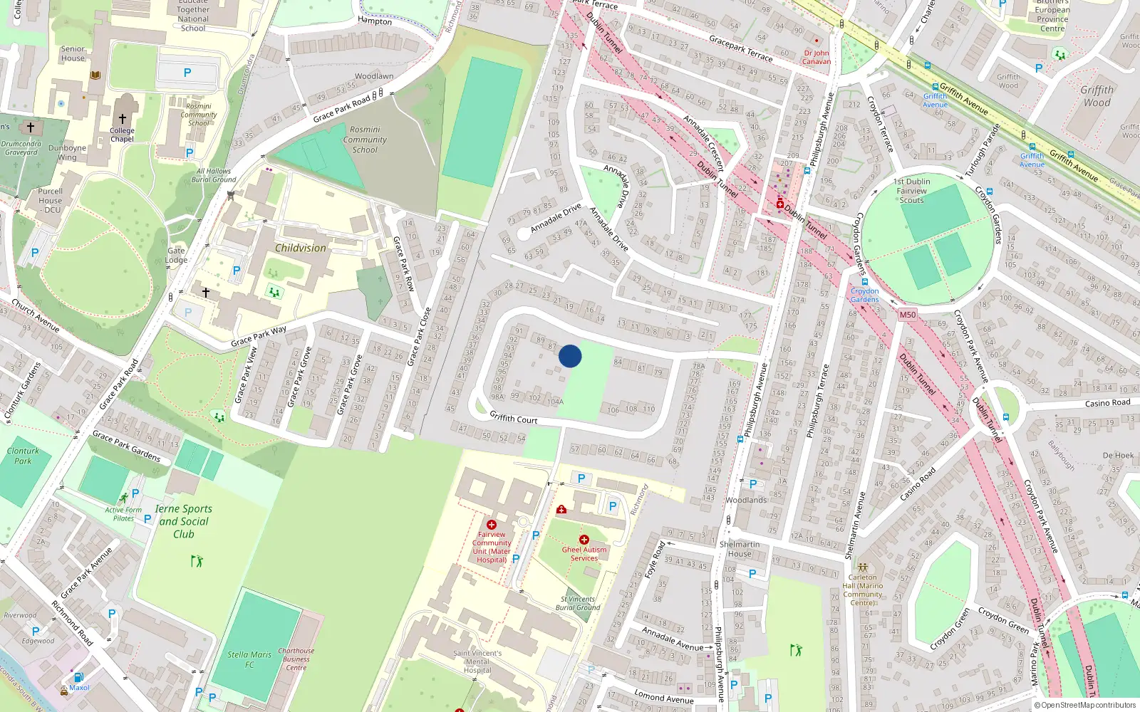 Overhead map showing the location of 85A Griffith Court, Dublin 3