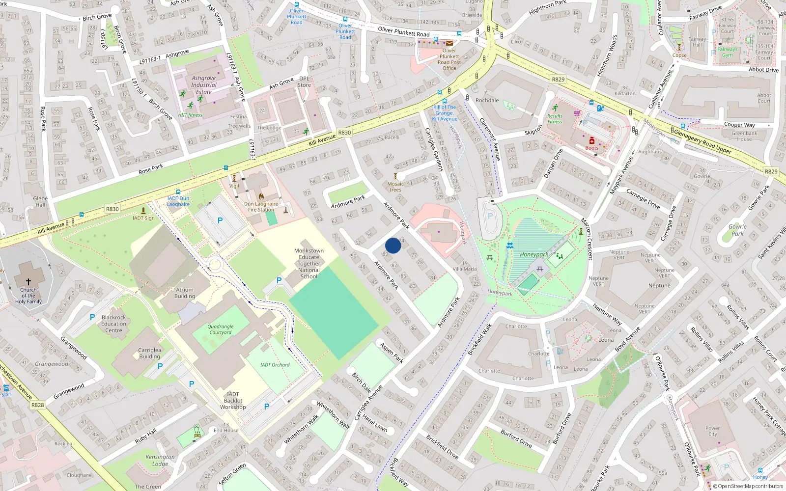Overhead map showing the location of 86 Ardmore Park, Dun Laoghaire