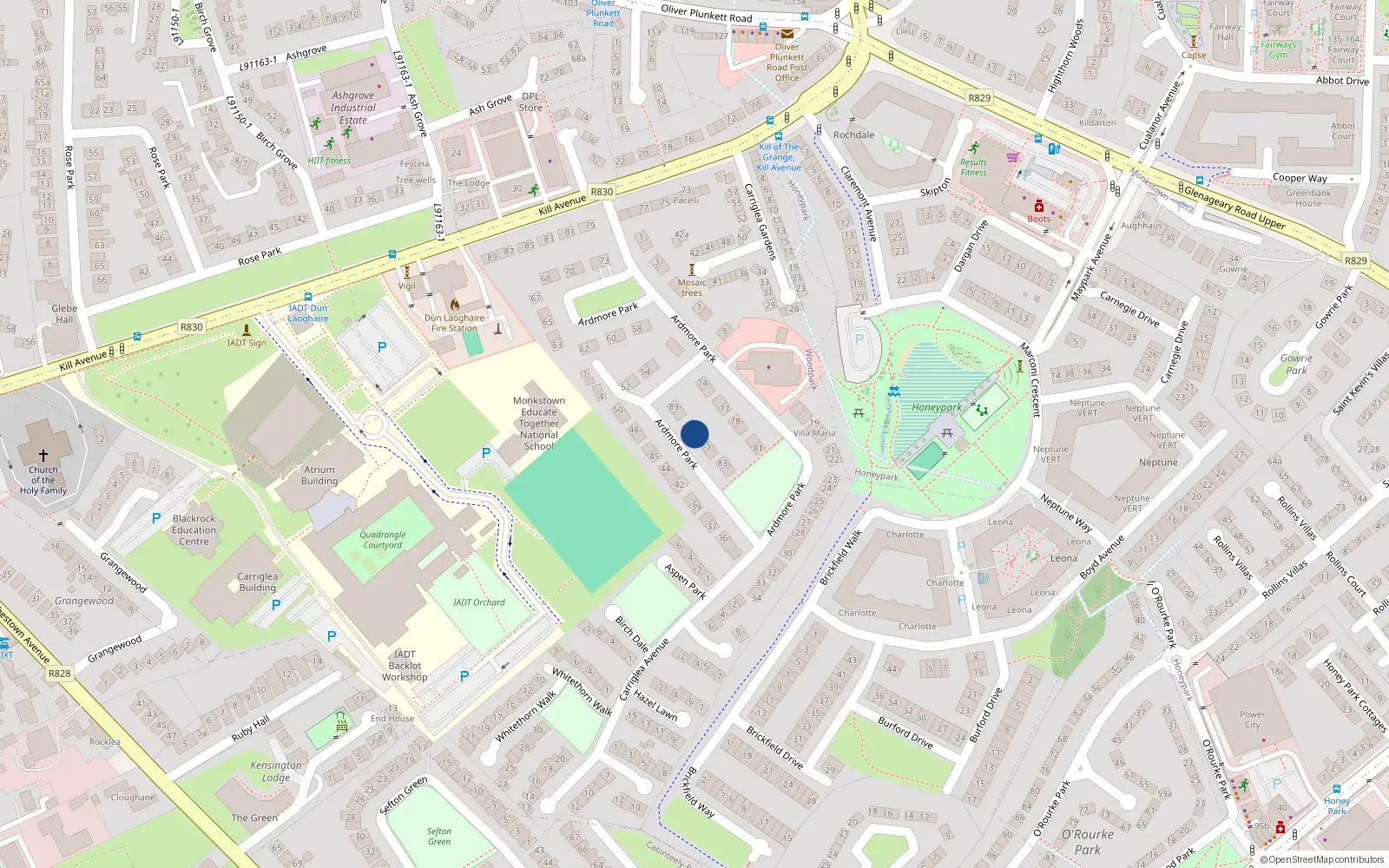 Overhead map showing the location of 86 Ardmore Park, Kill Avenue, Dun Laoghaire