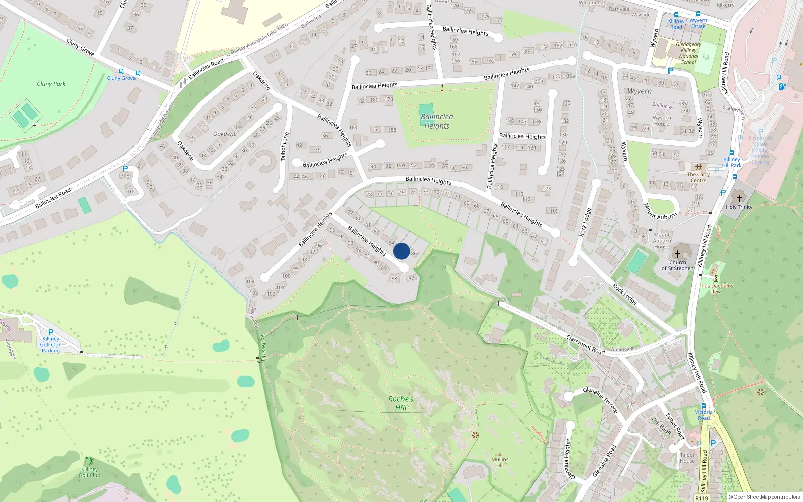 Overhead map showing the location of 86 Ballinclea Heights, Killiney