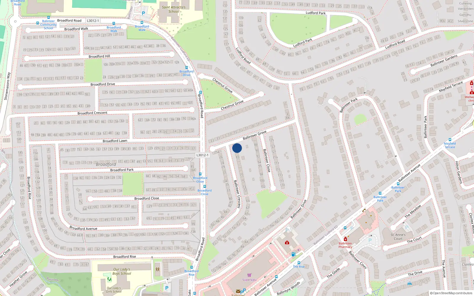Overhead map showing the location of 86 Ballinteer Crescent, Dublin 16