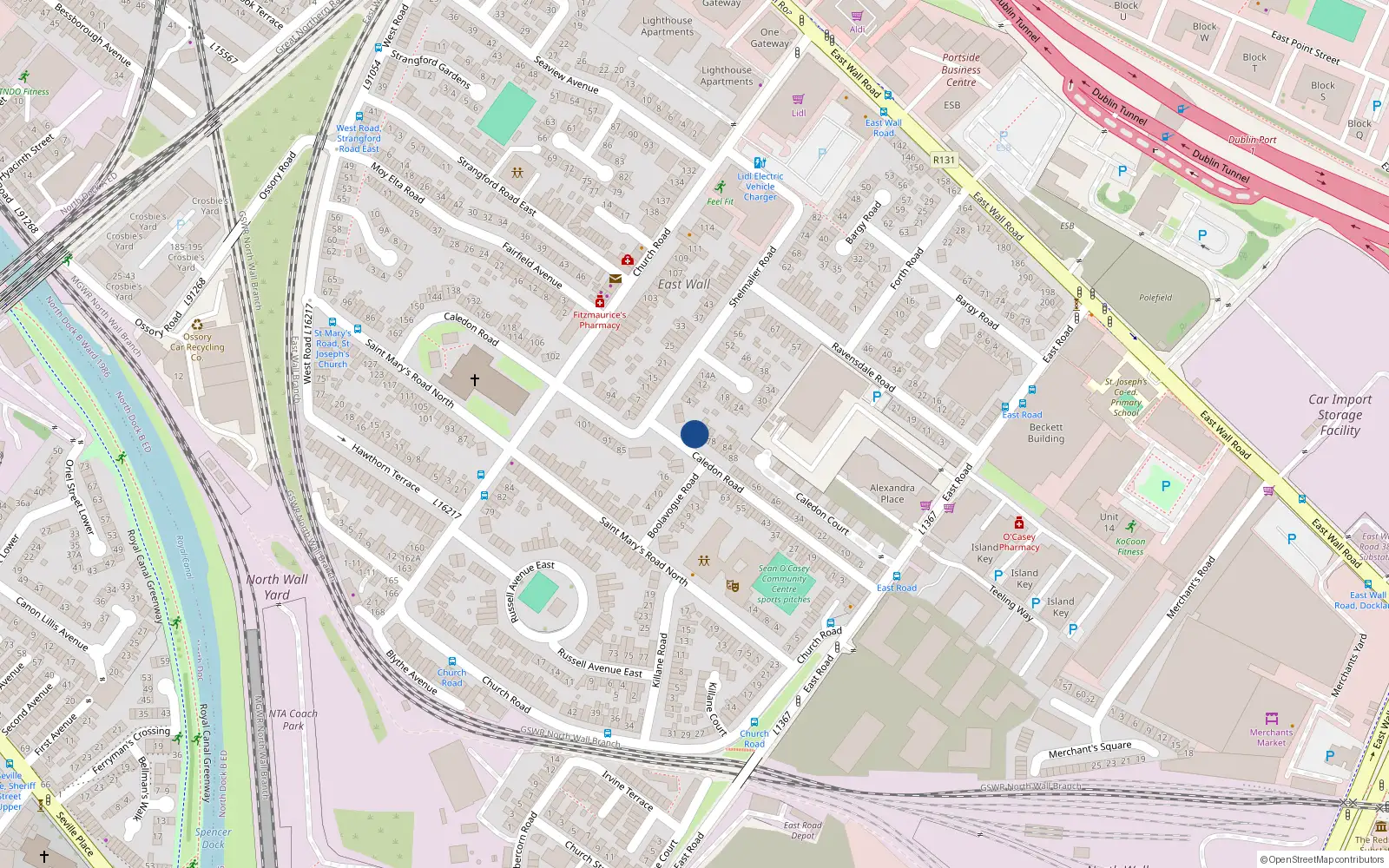 Overhead map showing the location of 86 Caledon Road, East Wall, Dublin 3