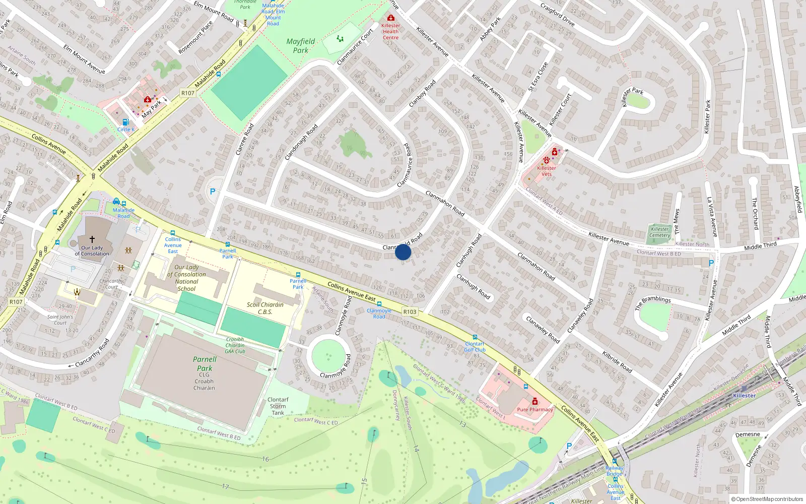 Overhead map showing the location of 86 Clanronald Road, Donnycarney, Dublin 5