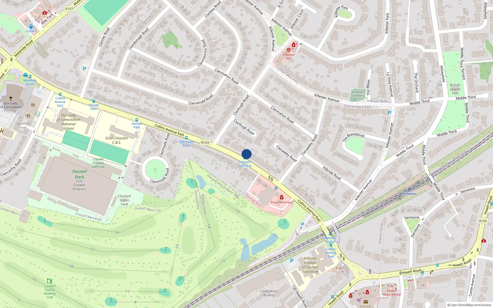 Overhead map showing the location of 86 Collins Avenue East, Killester, Dublin 5