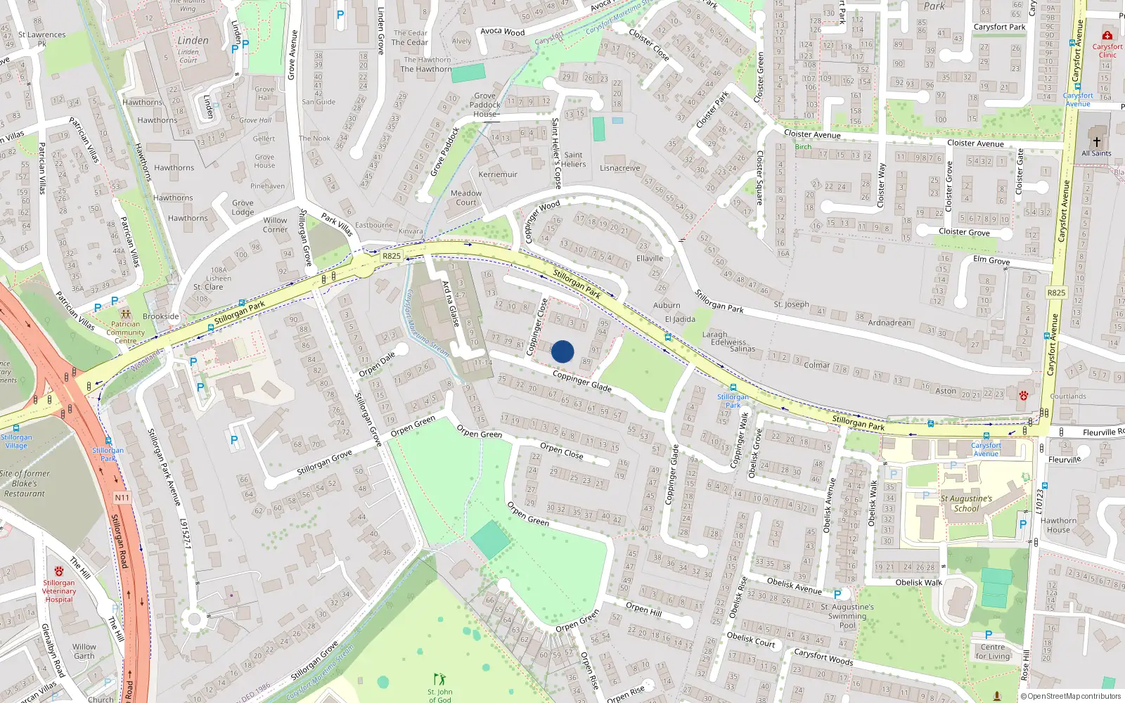 Overhead map showing the location of 86 Coppinger Glade, Stillorgan