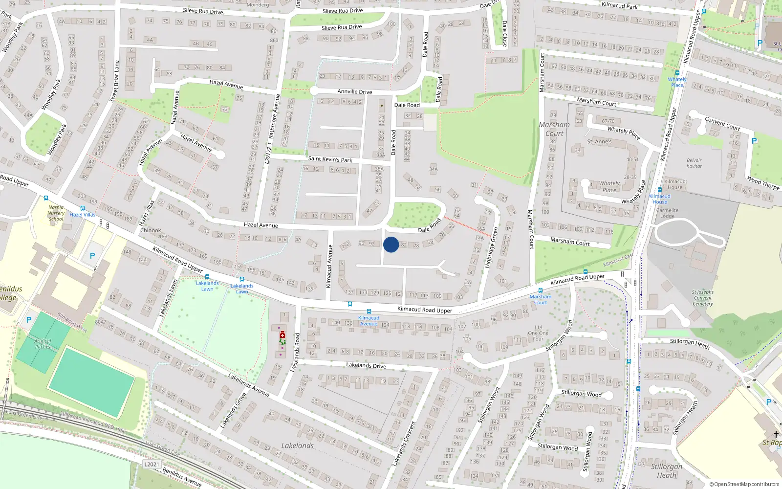 Overhead map showing the location of 86 Dale Road, Kilmacud, Stillorgan