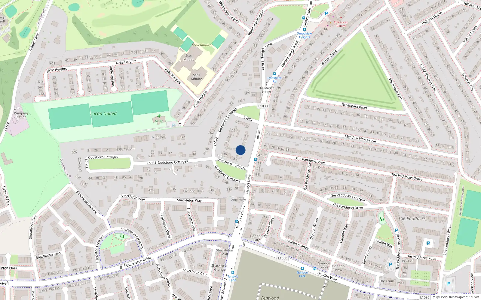 Overhead map showing the location of 86 Dodsborough Cottages, Lucan