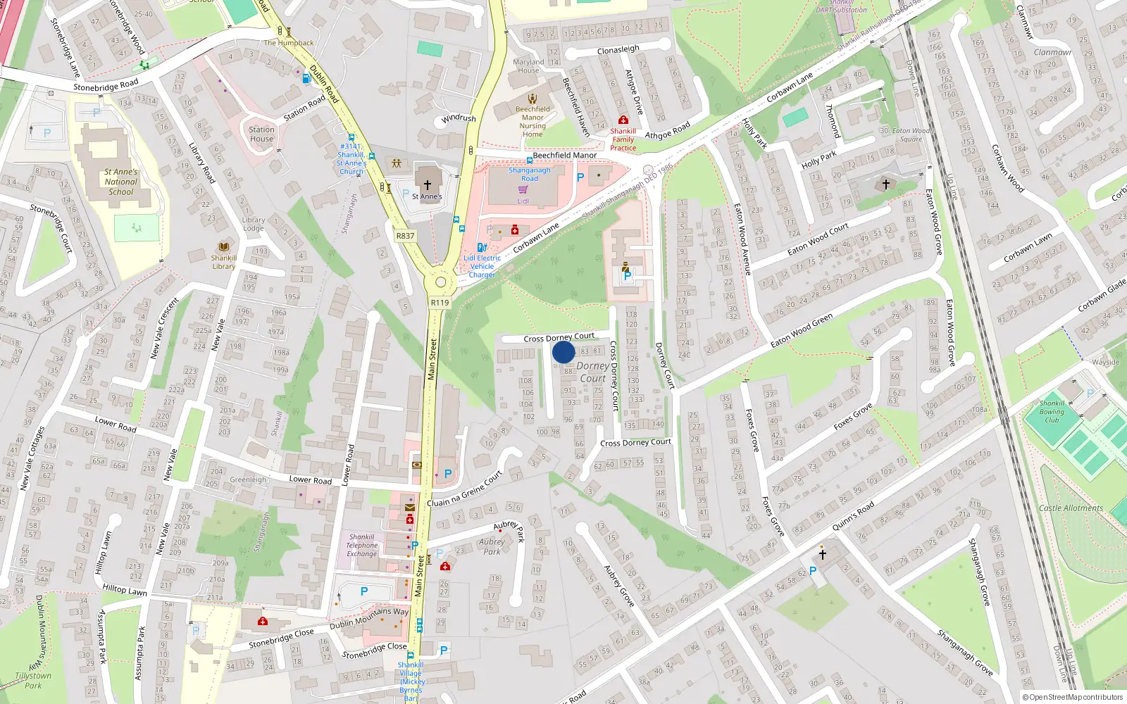 Overhead map showing the location of 86 Dorney Court, Dublin 18