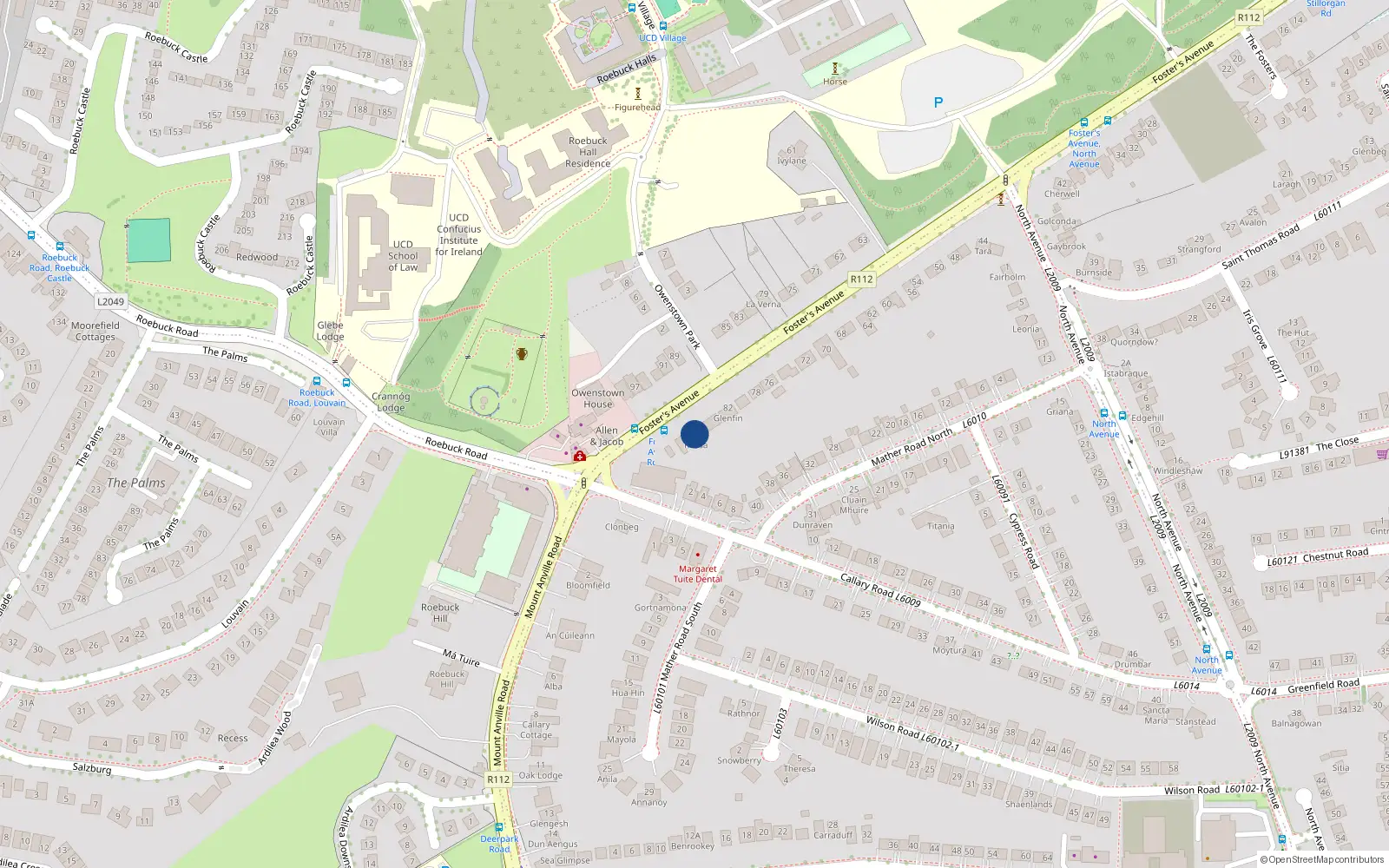 Overhead map showing the location of 86 Fosters Avenue, Mount Merrion, Dublin
