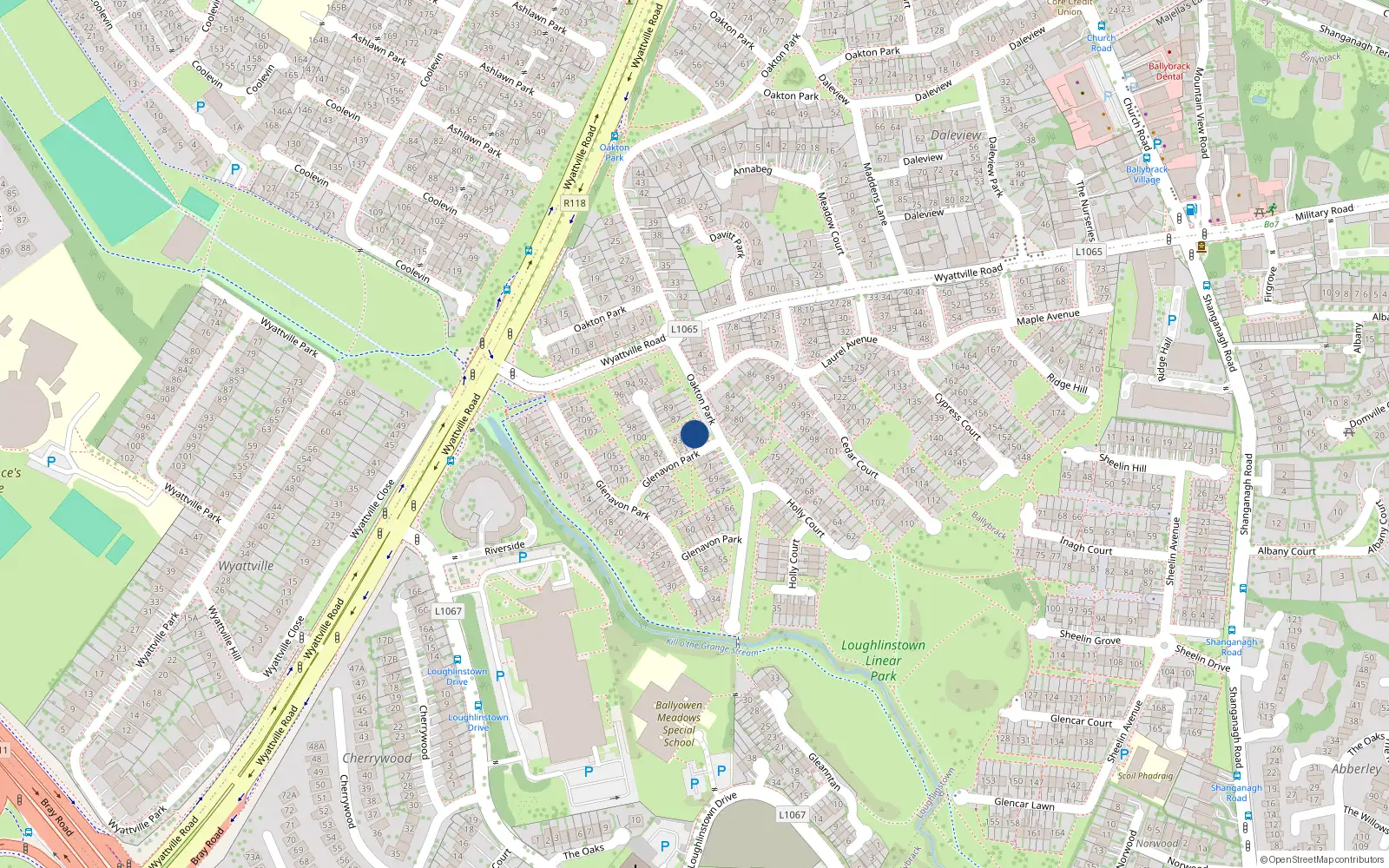 Overhead map showing the location of 86 Glenavon Park, Ballybrack