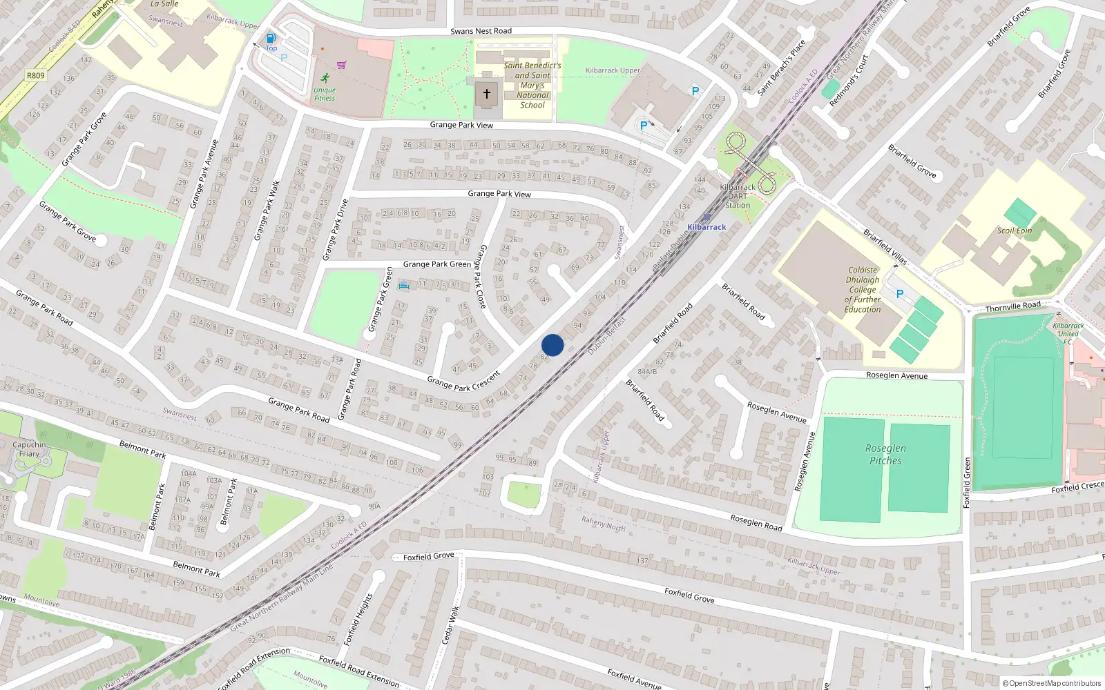 Overhead map showing the location of 86 Grange Park Crescent, Raheny, Dublin 5