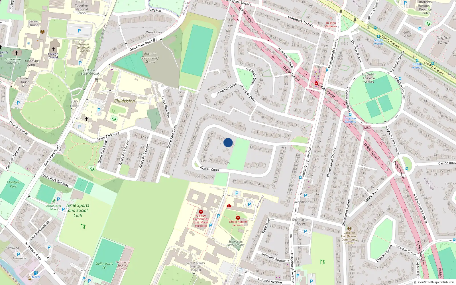 Overhead map showing the location of 86 Griffith Court, Dublin 3