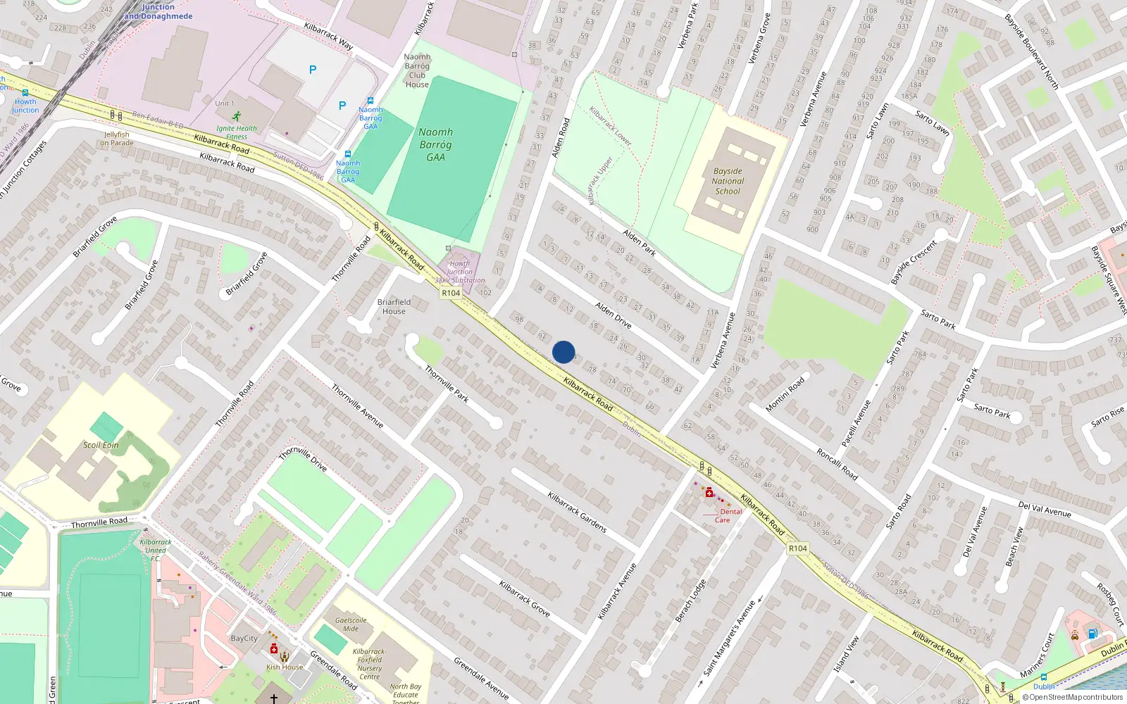 Overhead map showing the location of 86 Kilbarrack Road, Sutton, Dublin 5