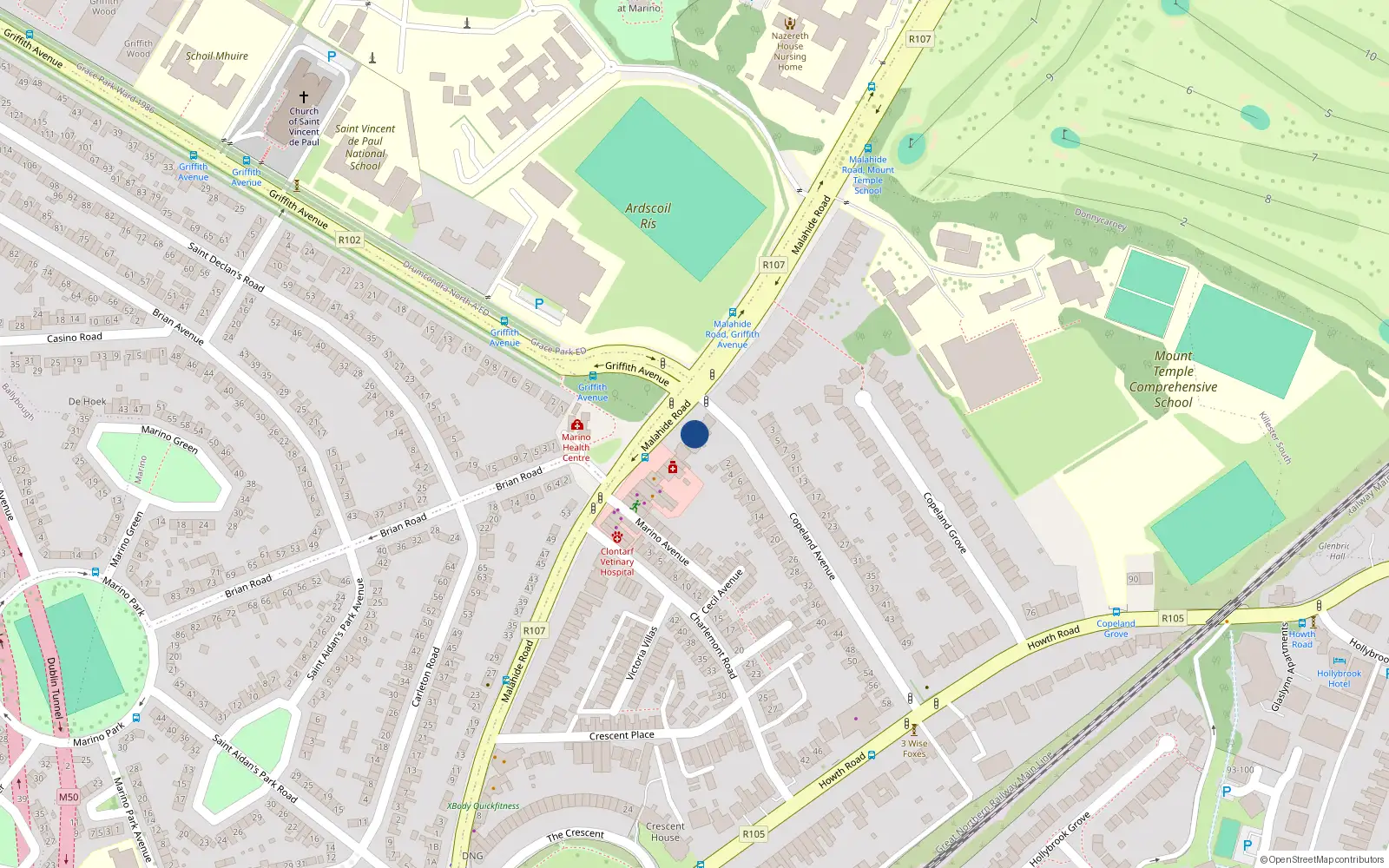 Overhead map showing the location of 86 Malahide Road, Clontarf, Dublin 3