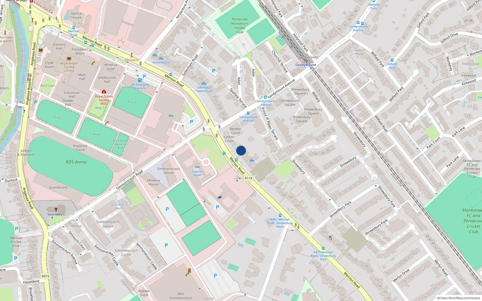 Overhead map showing the location of 86 Merrion Road, Ballsbridge