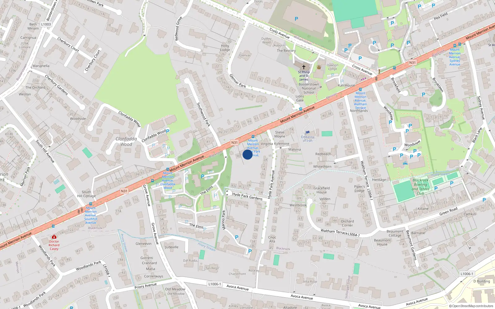 Overhead map showing the location of 86 Mount Merrion Avenue, Blackrock
