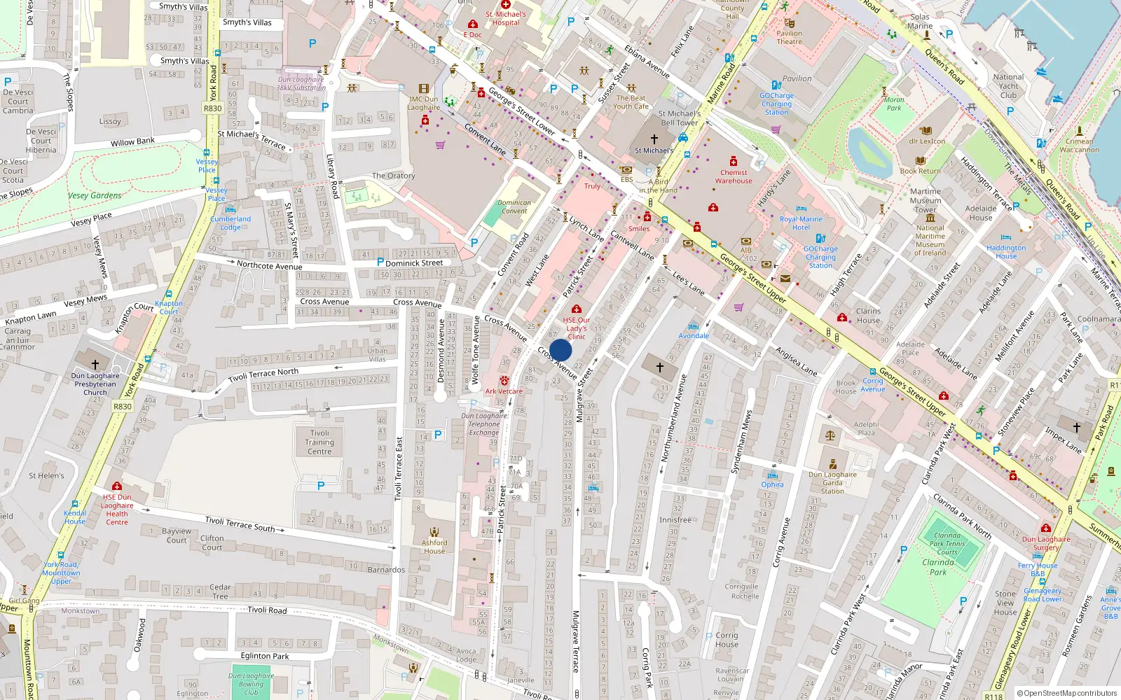 Overhead map showing the location of 86 Patrick Street, Dun Laoghaire, Co Dublin