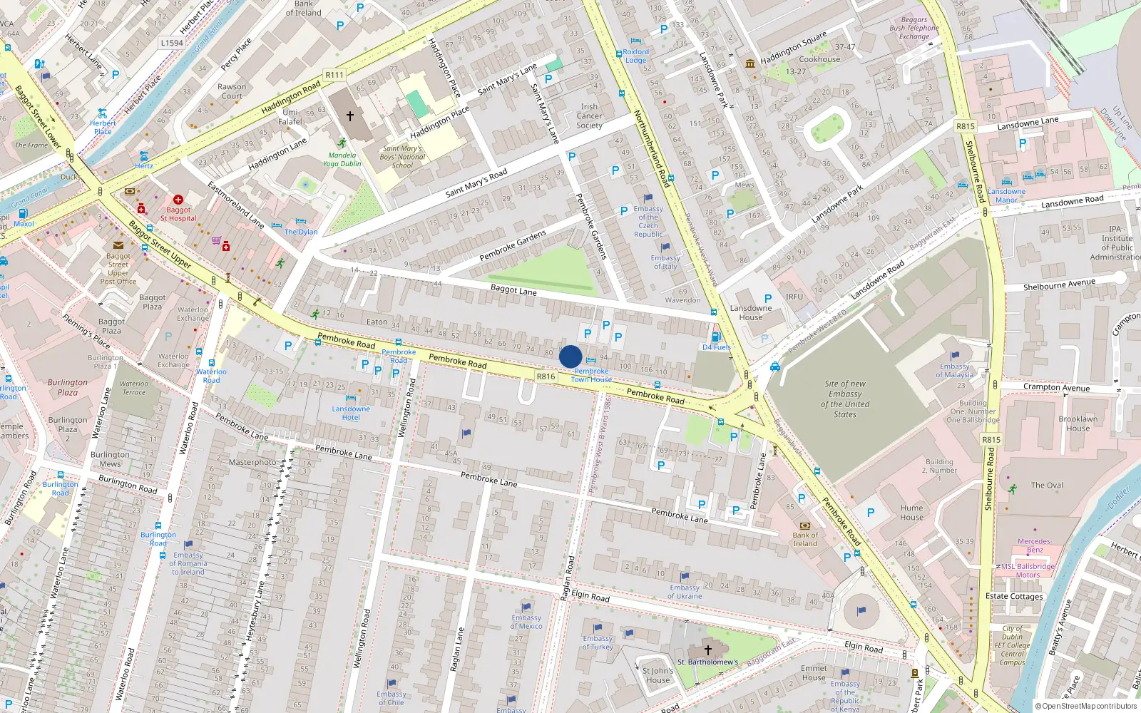 Overhead map showing the location of 86 Pembroke Road, Dublin 4