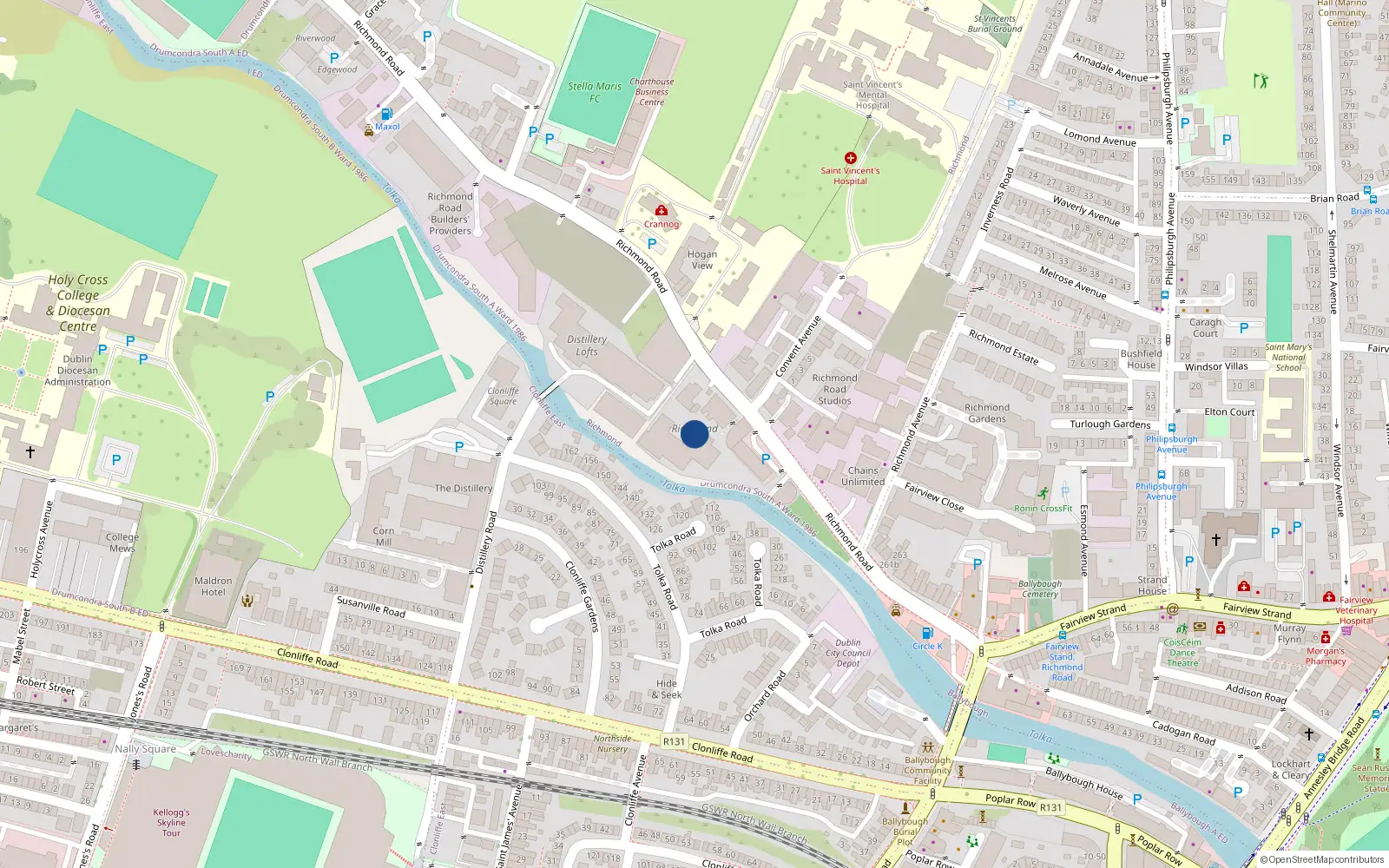 Overhead map showing the location of 86 Richmond Hall, Richmond Road, Dublin 3