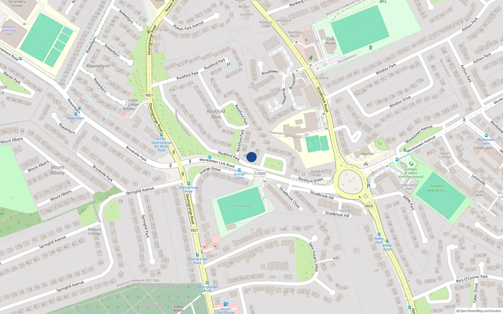 Overhead map showing the location of 86 Rockford Park, Blackrock