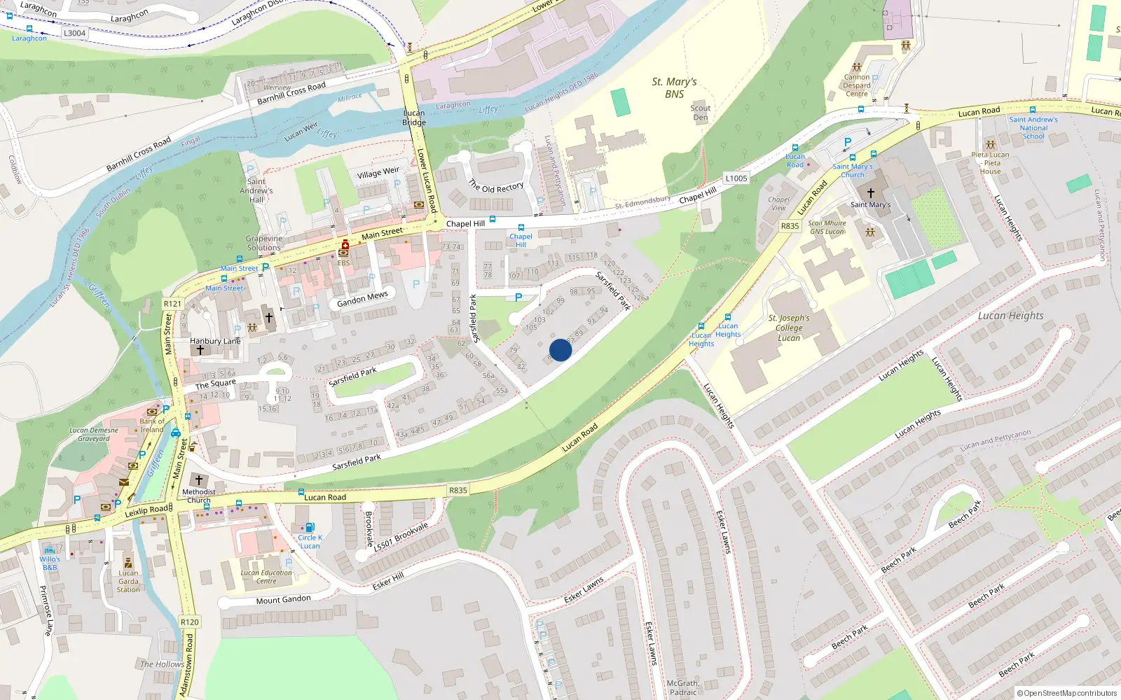 Overhead map showing the location of 86 Sarsfield Park, North