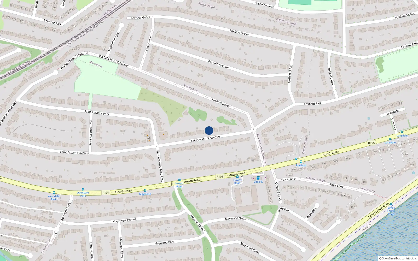 Overhead map showing the location of 86 Saint Assams Avenue, Dublin 5