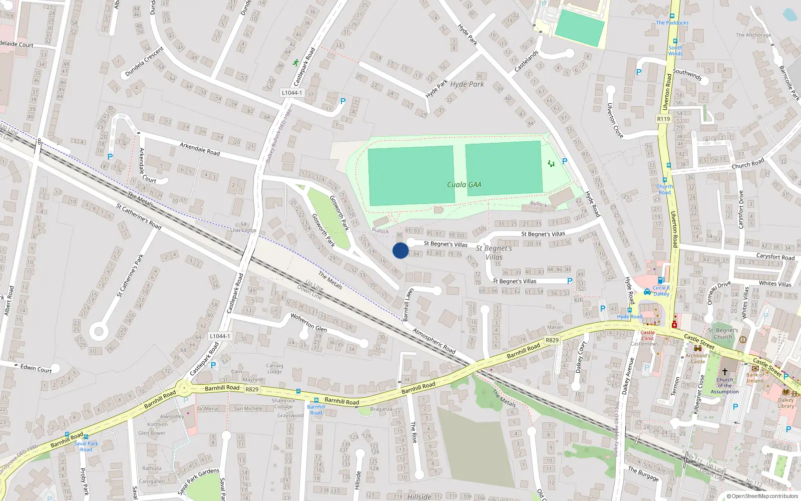 Overhead map showing the location of 86 Saint Begnet's Villas, Dalkey