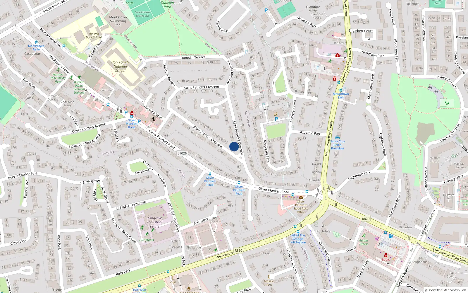 Overhead map showing the location of 86 St Patricks Crescent, Glenageary, Dublin