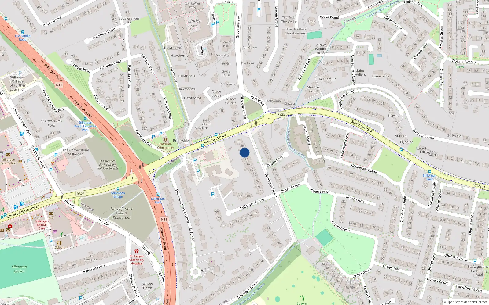 Overhead map showing the location of 86 Stillorgan Grove, Blackrock, Co Dublin