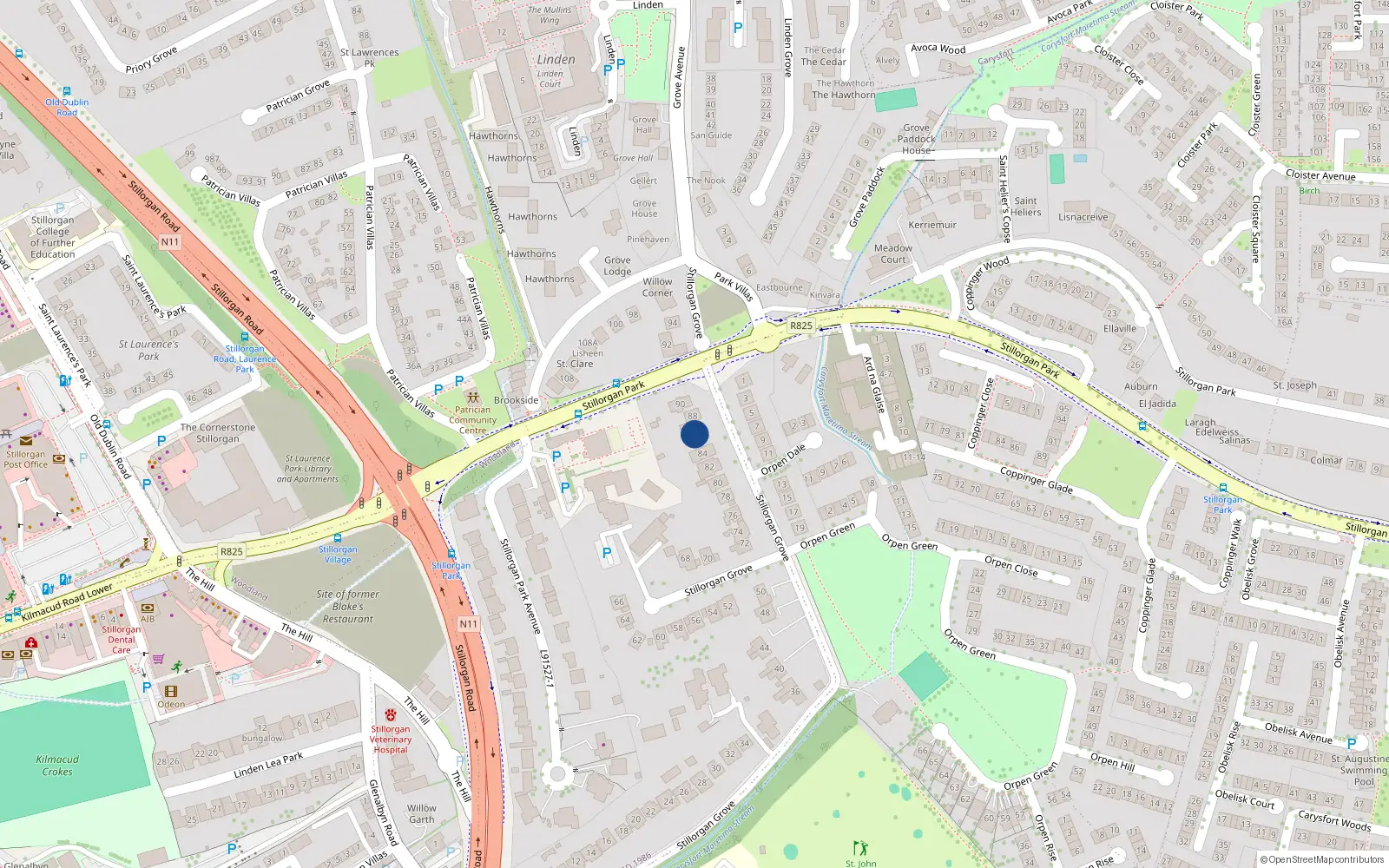 Overhead map showing the location of 86 Stillorgan Grove, Dublin