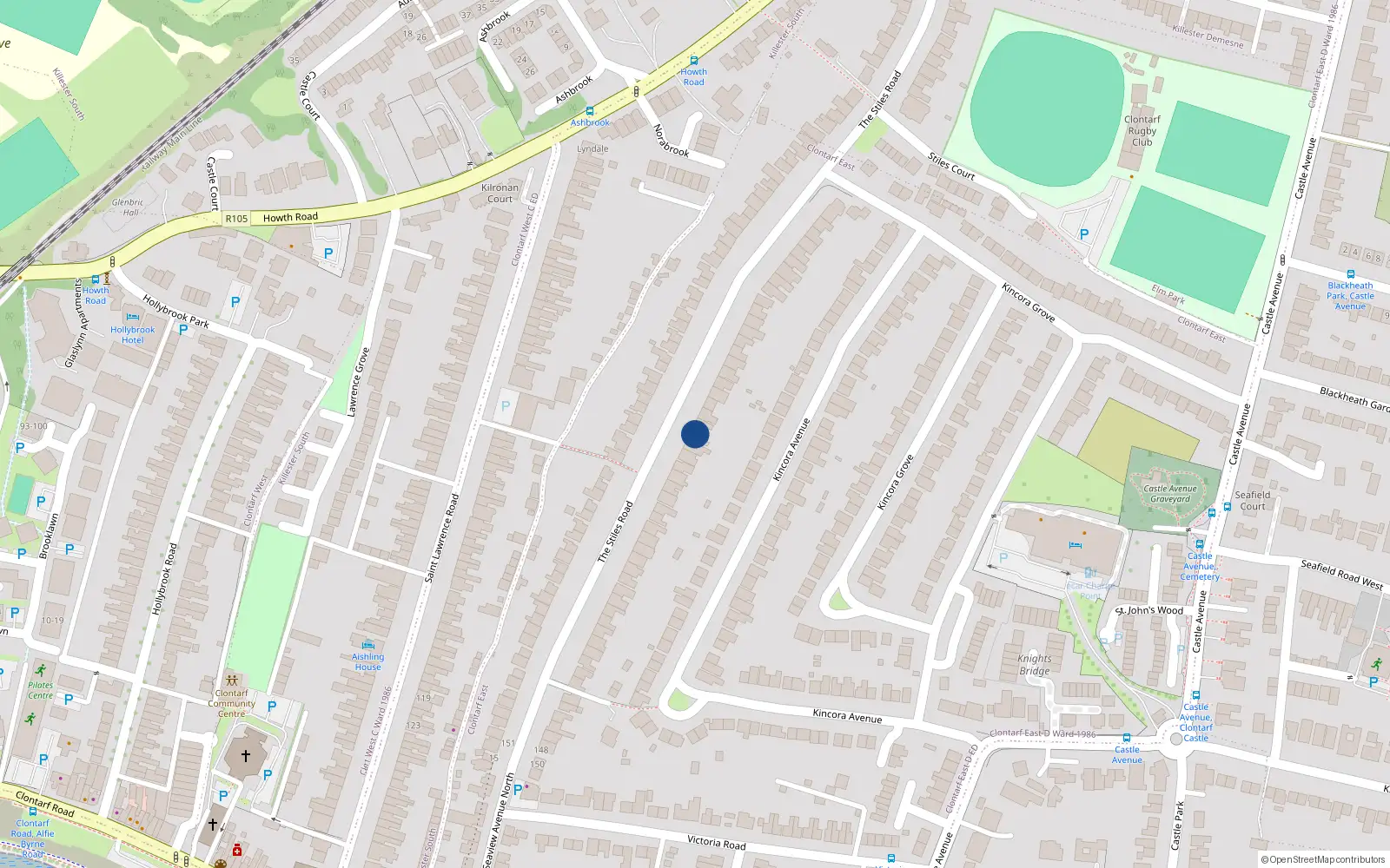 Overhead map showing the location of 86 the Stiles Road, Clontarf, Dublin 3