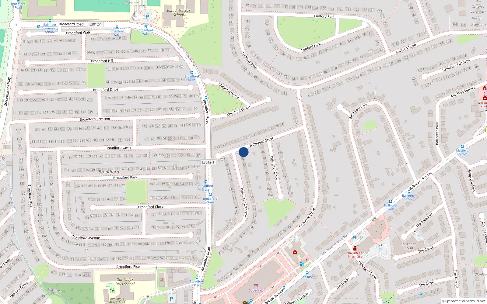 Overhead map showing the location of 86A, 86A Ballinteer Crescent, Dublin 16