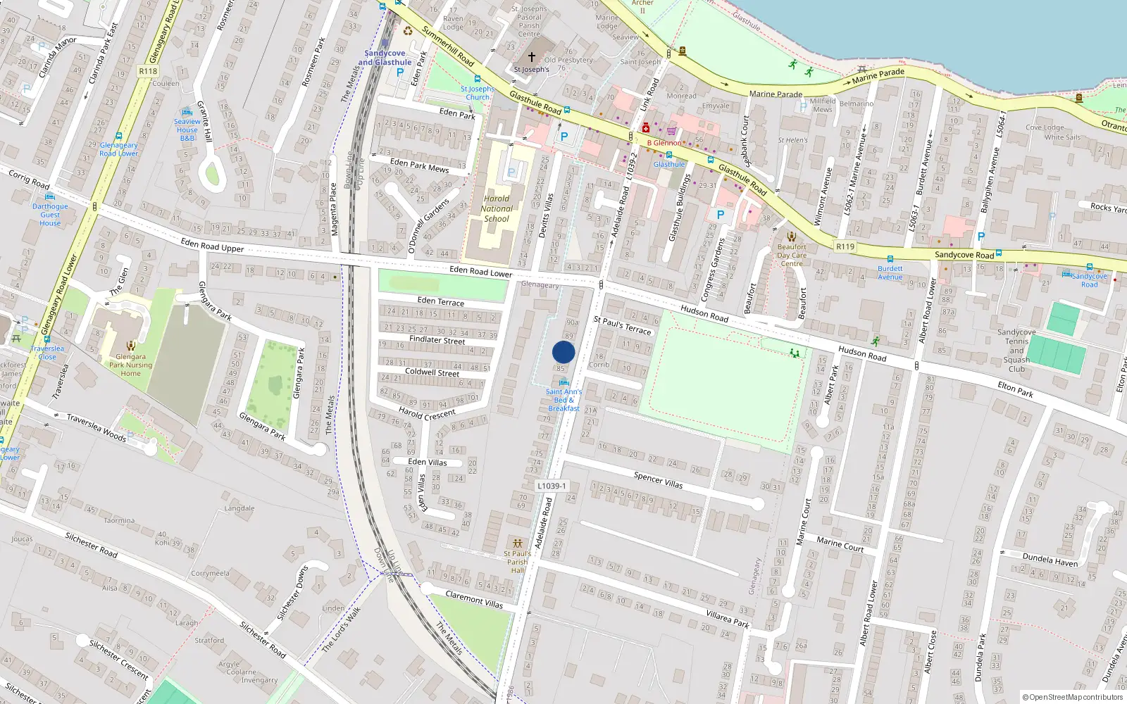 Overhead map showing the location of 87 Adelaide Road, Co Dublin