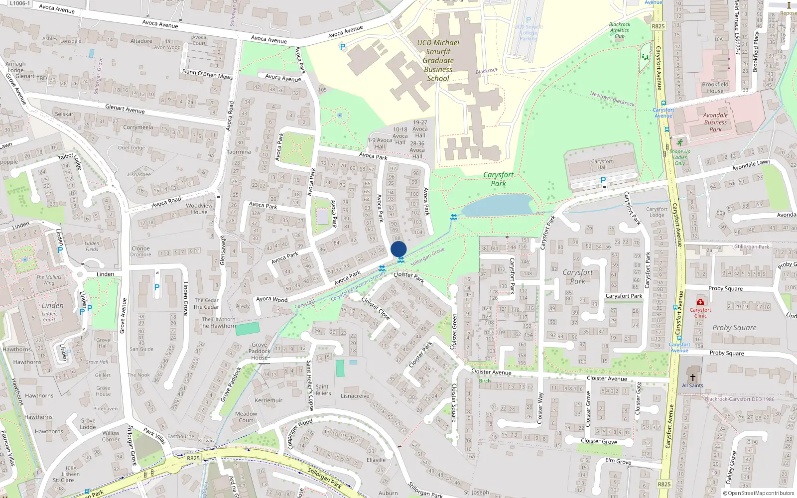 Overhead map showing the location of 87 Avoca Park, Blackrock, Dublin