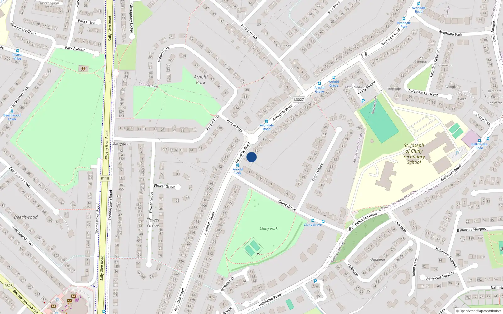 Overhead map showing the location of 87 Avondale Road, Killiney, Dublin