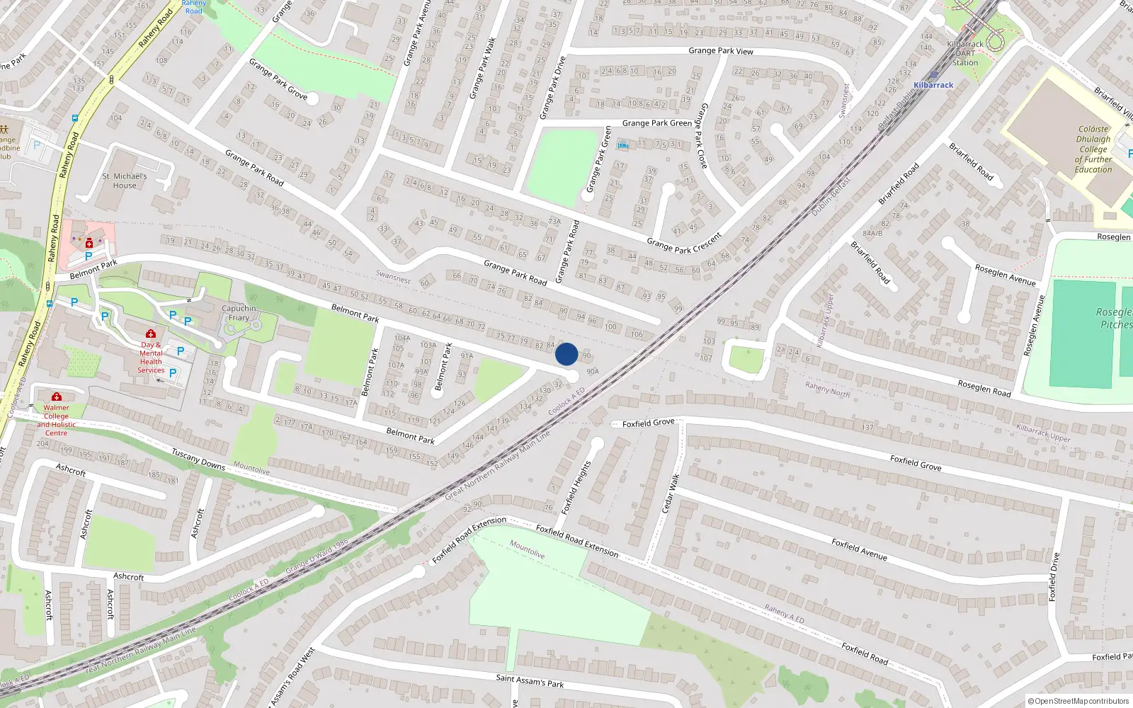 Overhead map showing the location of 87 Belmont Park, Raheny, Dublin 5